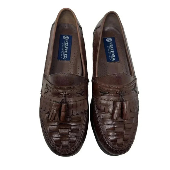 Stafford Mens woven leather Loafers Shoes Tassel slip on size 7 Medium brown - Picture 1 of 8